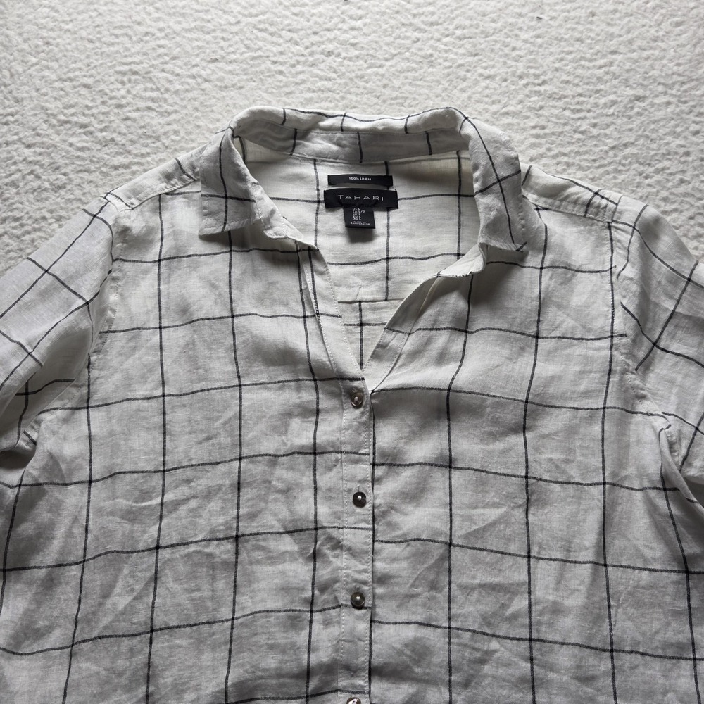 Tahari Button Up Shirt Womens Large White Collared Long Roll Tab Linen Tunic Top